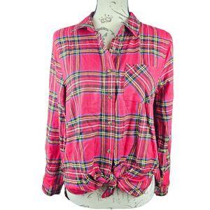 Hippie‎ Rose -658 NWT Red Black Plaid Long Sleeve Front Knot Button Down Shirt S